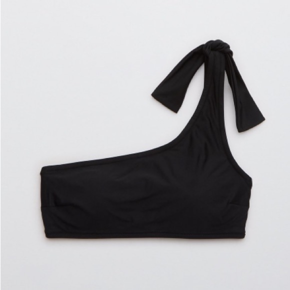 AERIE Aymmetrical Bandeau Bikini Top Tie One Shoulder Padded Black Plain Beachy - Picture 1 of 6